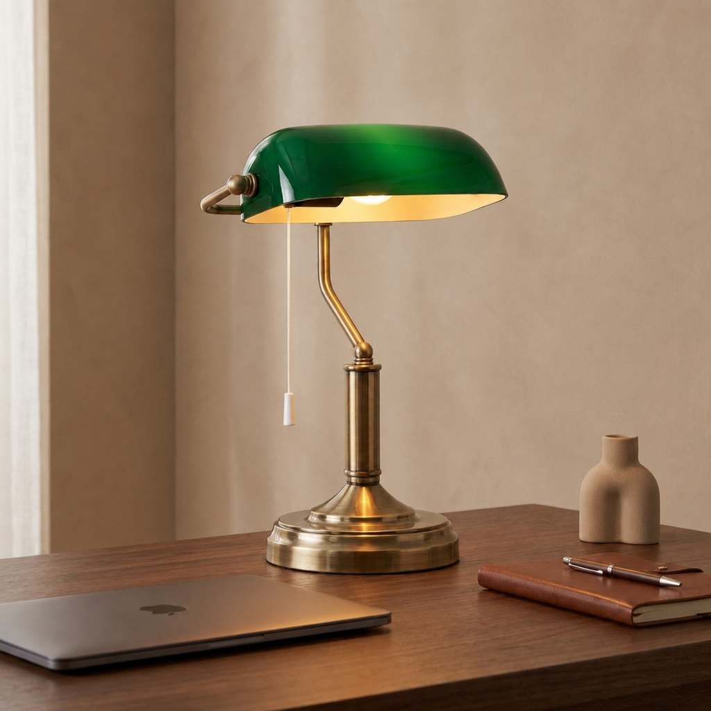 ## Bankers-Tischlampe mit gewölbtem Schirm