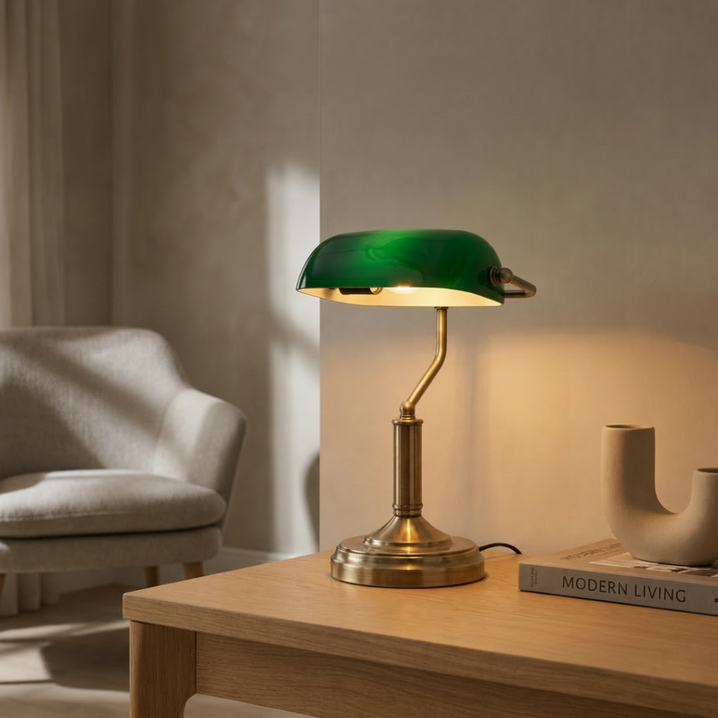 ## Bankers-Tischlampe mit gewölbtem Schirm