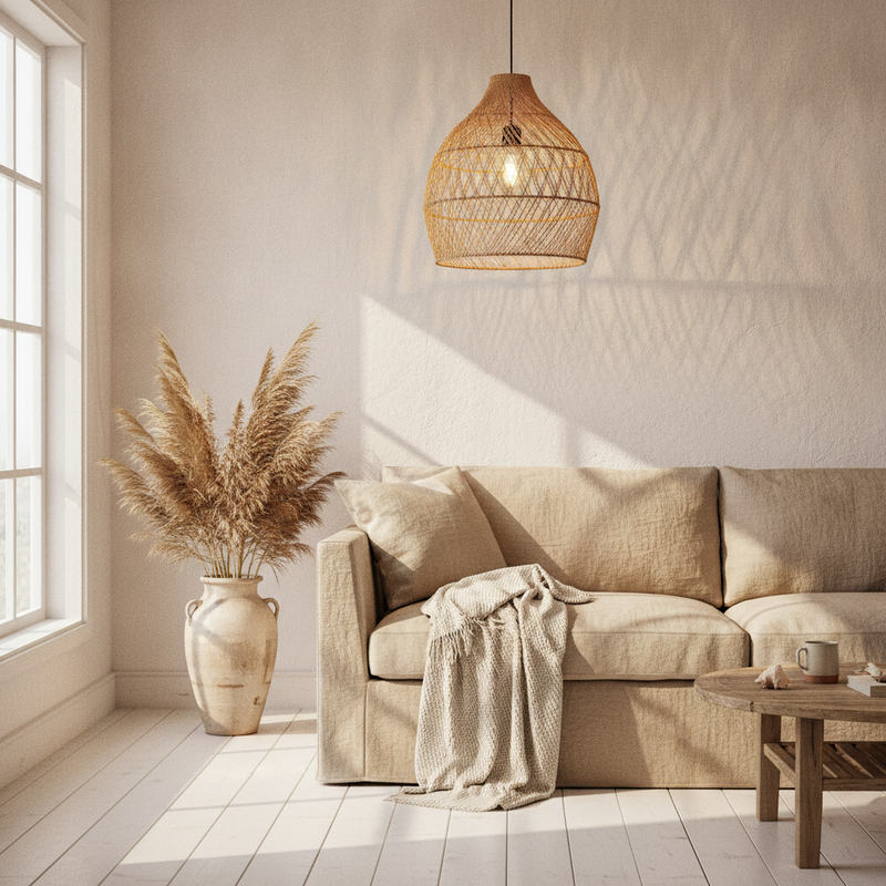 ## Marlow Tischlampe aus geflochtenem Rattan